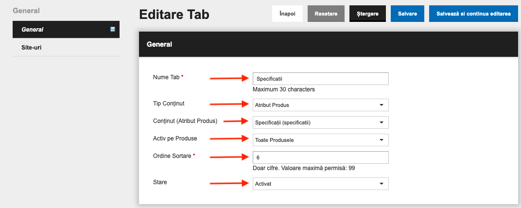 Editare Tab, secțiunea General: Nume Tab, Tip Conținut, Conținut, Activ pe Produse, Ordine Sortare și Stare