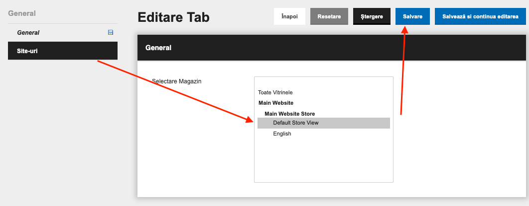 Editare Tab, secțiunea Site-uri: selectarea vitrinei și butonul Salvare