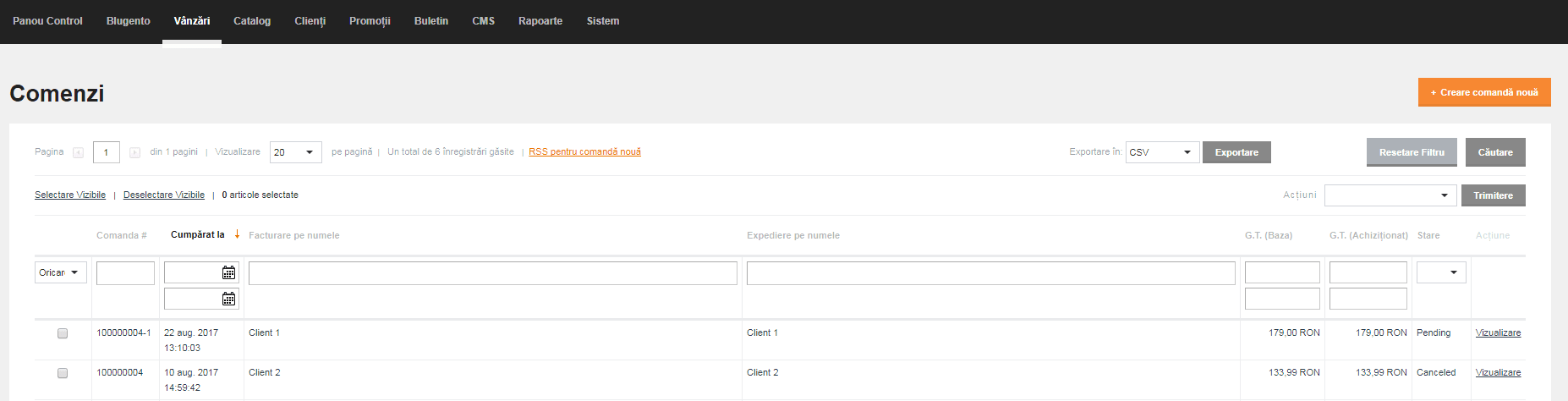 Statusul comenzilor – captură de ecran 1