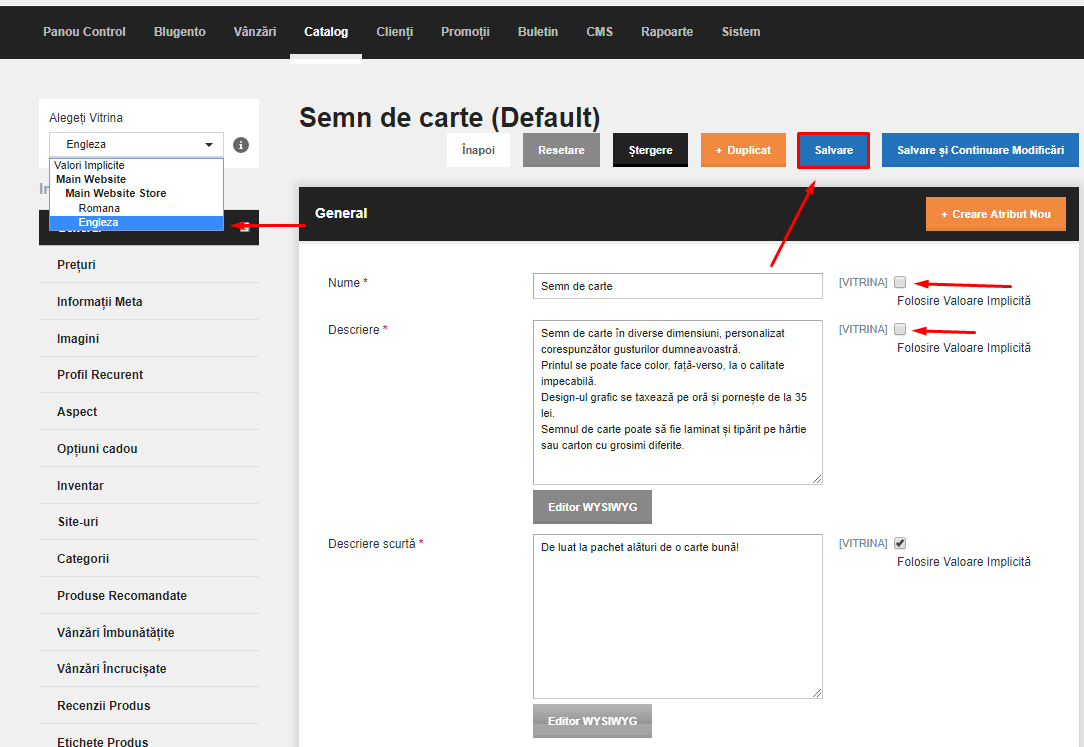 Gestionare continut multi-limba, multi-vitrine – captură de ecran 2