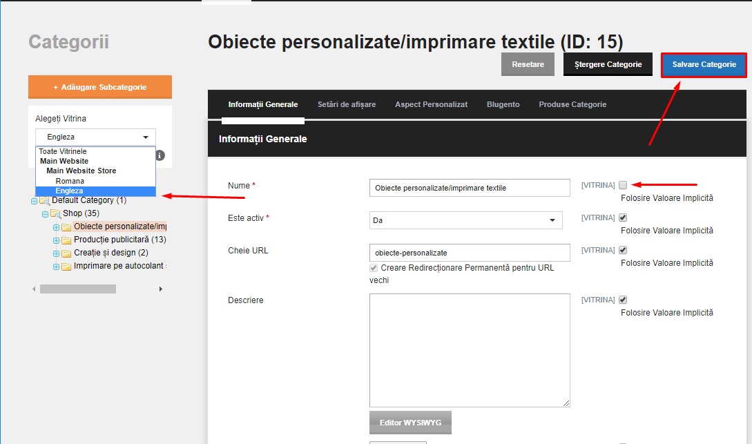 Gestionare continut multi-limba, multi-vitrine – captură de ecran 3