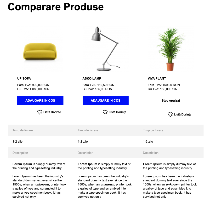 Comparator produse – captură de ecran 3