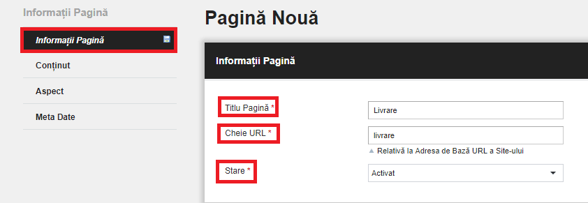 Adăugarea și editarea unei pagini – captură de ecran 2