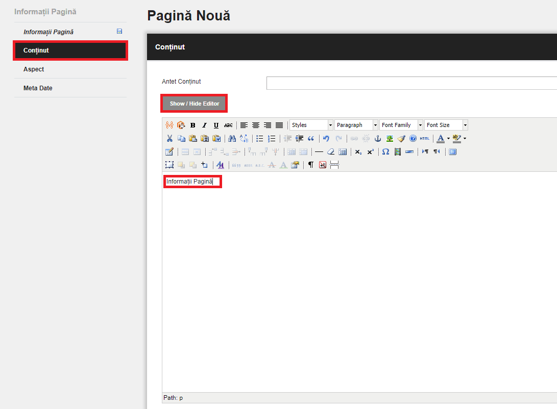 Adăugarea și editarea unei pagini – captură de ecran 3