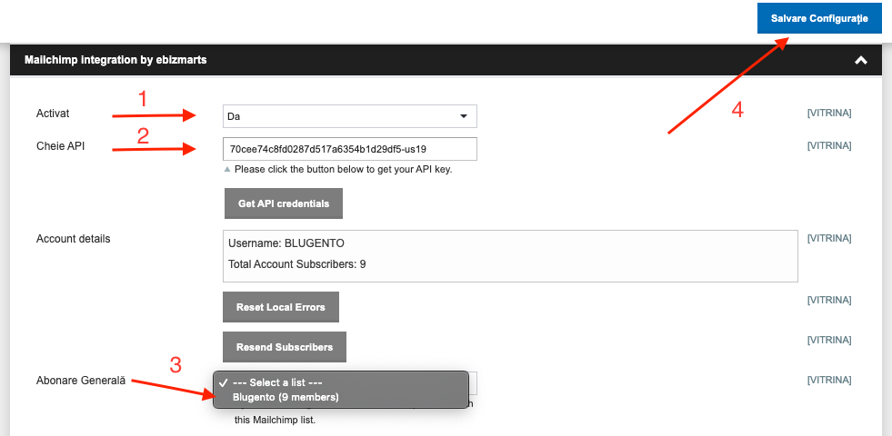 Integrarea modulului Mailchimp cu Blugento – captură de ecran 1