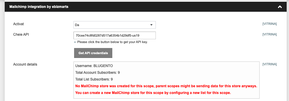 Integrarea modulului Mailchimp cu Blugento – captură de ecran 3