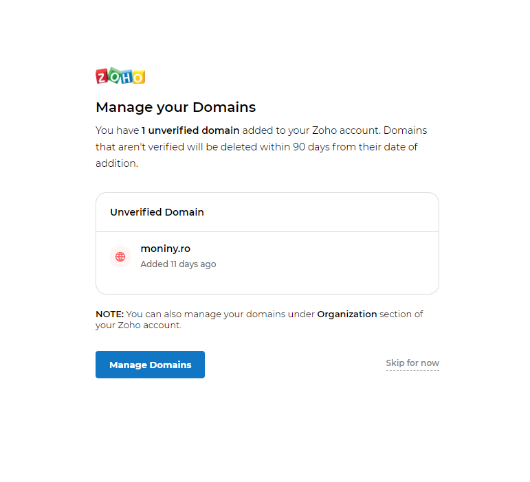 Configurarea serviciului de email Zoho – captură de ecran 1