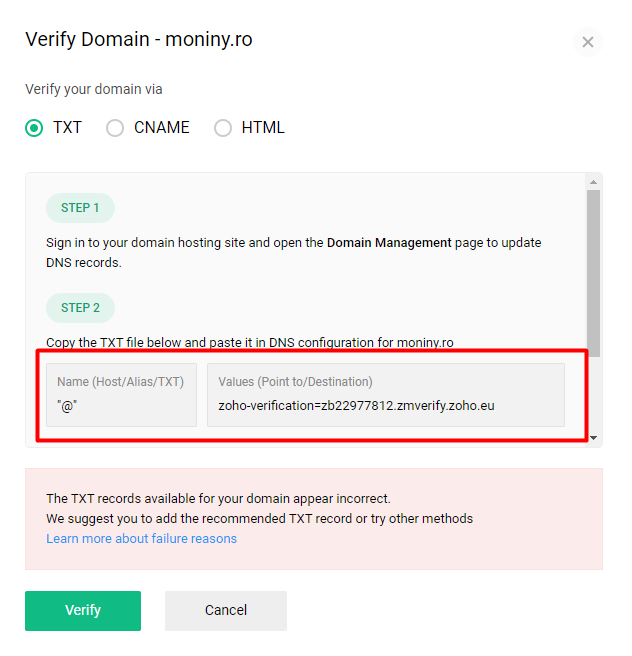 Configurarea serviciului de email Zoho – captură de ecran 2
