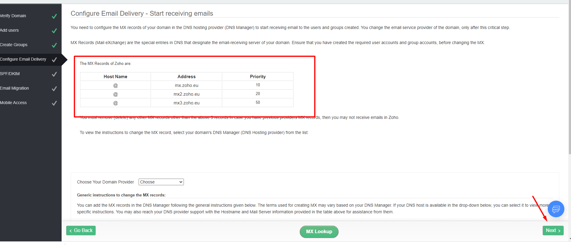Configurarea serviciului de email Zoho – captură de ecran 6