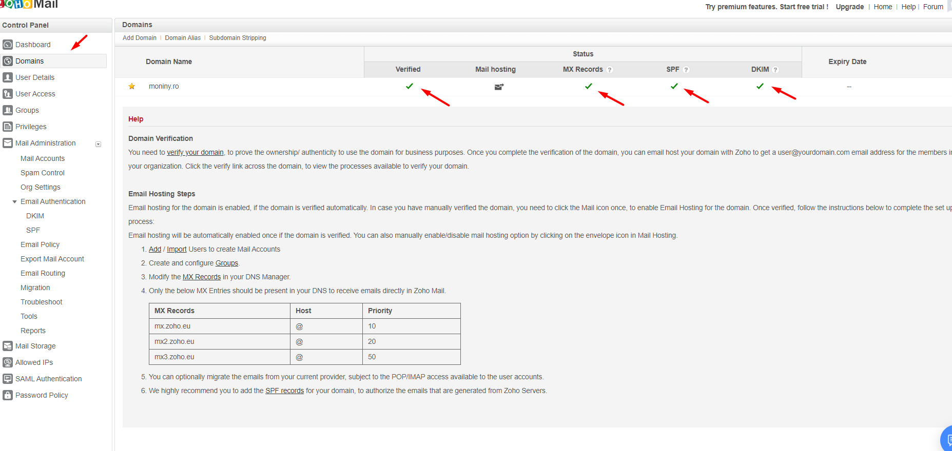 Configurarea serviciului de email Zoho – captură de ecran 11
