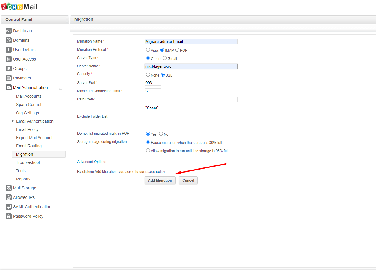 Configurarea serviciului de email Zoho – captură de ecran 12