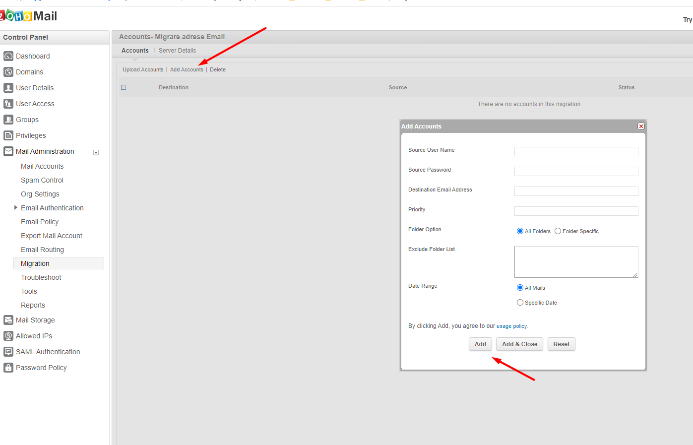 Configurarea serviciului de email Zoho – captură de ecran 13