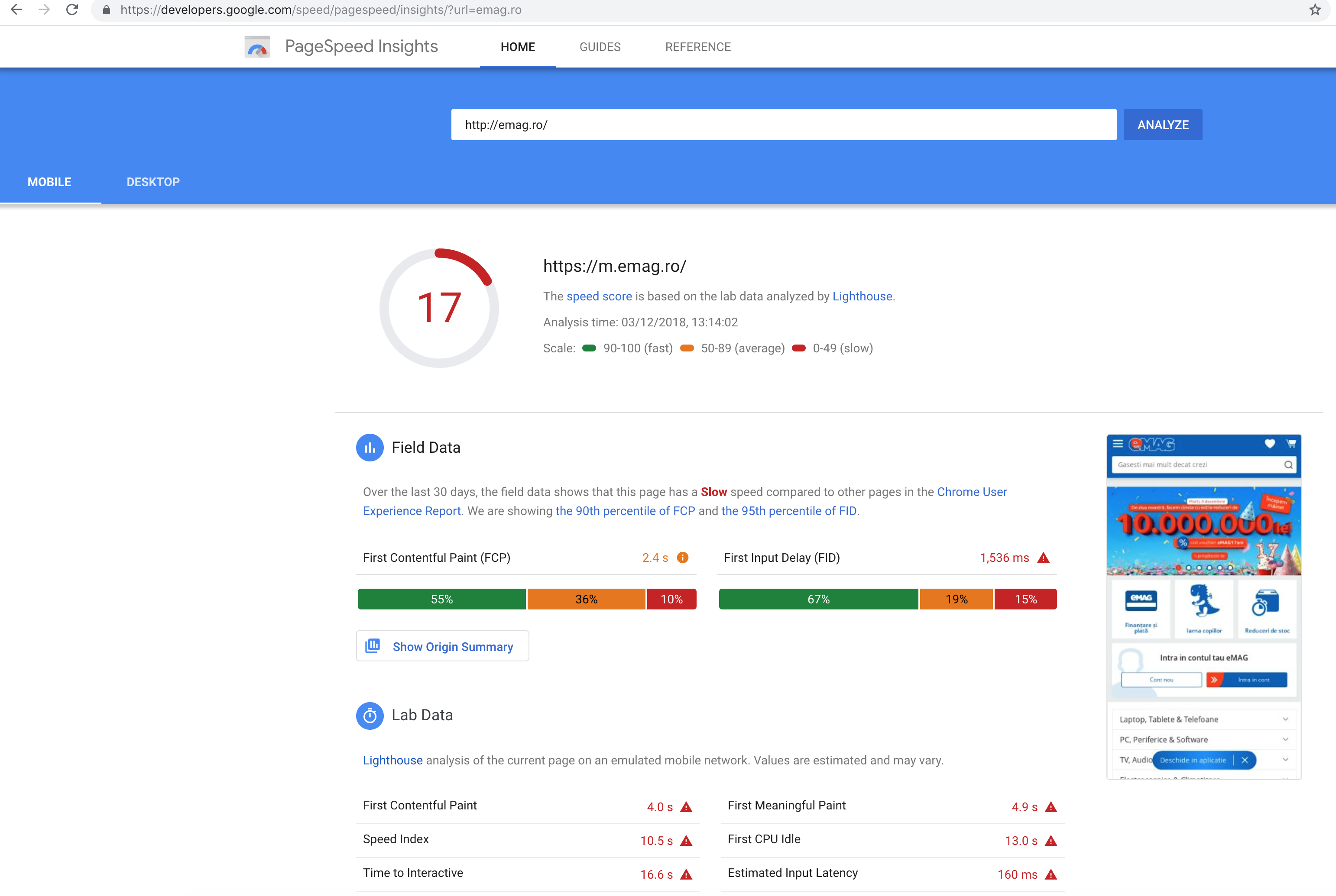 Google PageSpeed și PWA – captură de ecran 1