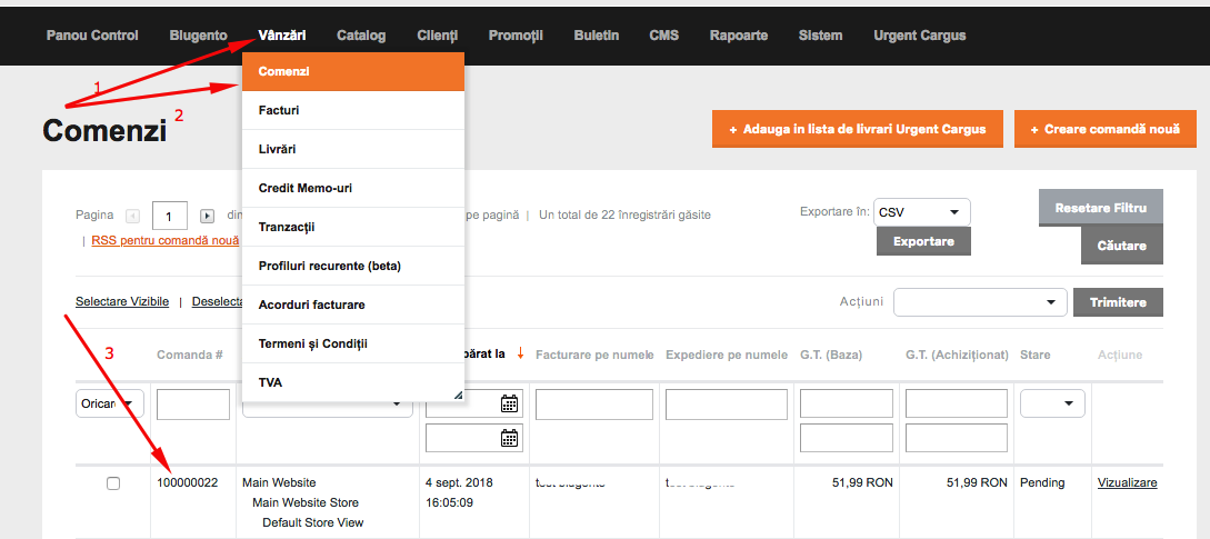 Expedierea comenzilor din platforma Blugento catre Urgent Cargus – captură de ecran 1