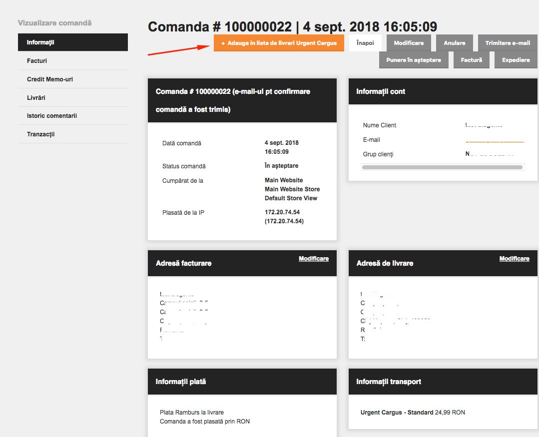 Expedierea comenzilor din platforma Blugento catre Urgent Cargus – captură de ecran 2