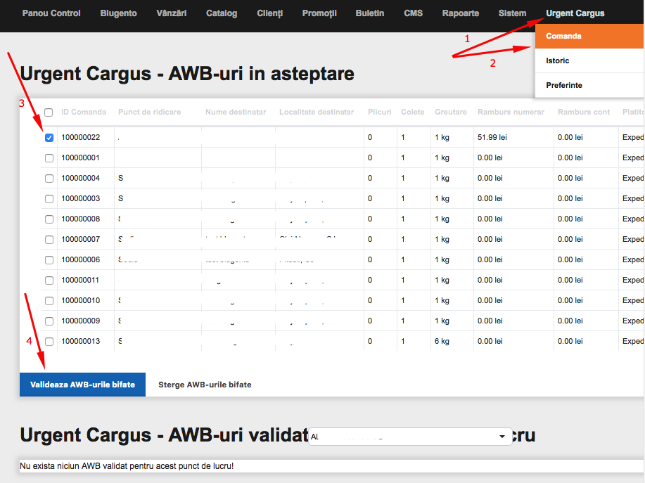 Expedierea comenzilor din platforma Blugento catre Urgent Cargus – captură de ecran 3
