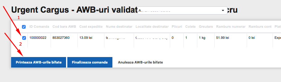 Expedierea comenzilor din platforma Blugento catre Urgent Cargus – captură de ecran 4
