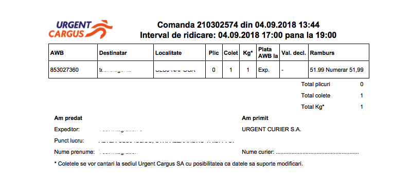 Expedierea comenzilor din platforma Blugento catre Urgent Cargus – captură de ecran 8