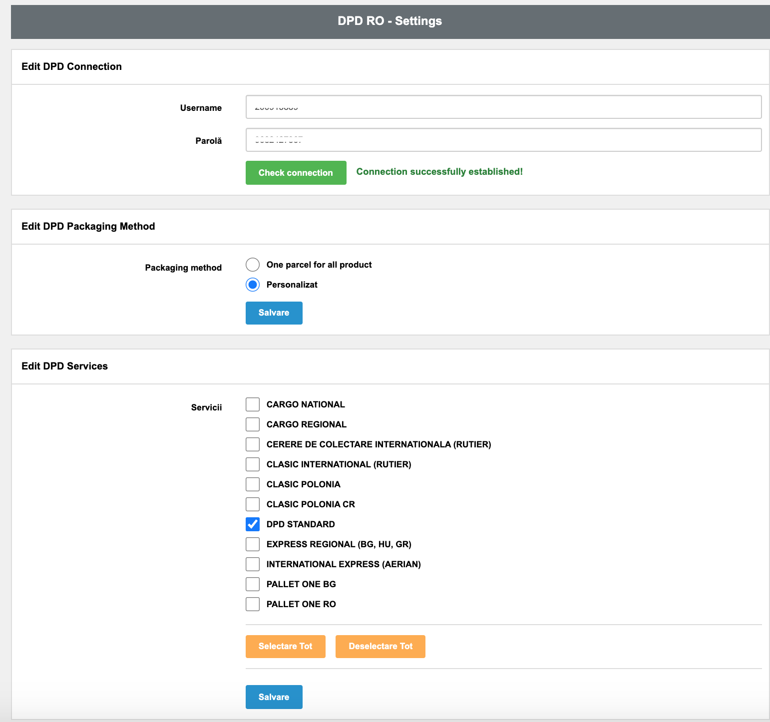 Configurare modul DPD – captură de ecran 1