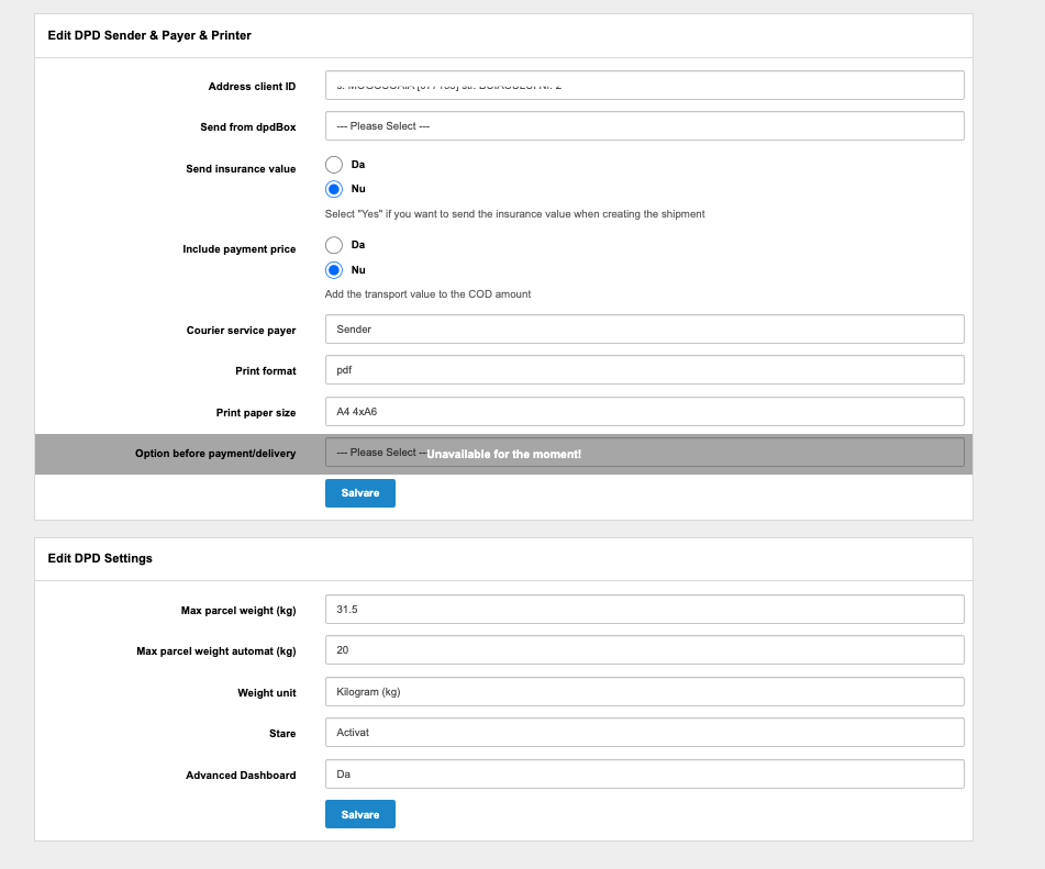 Configurare modul DPD – captură de ecran 2
