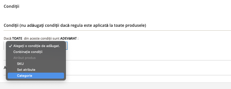 Crearea regulilor pe catalogul de produse – captură de ecran 3